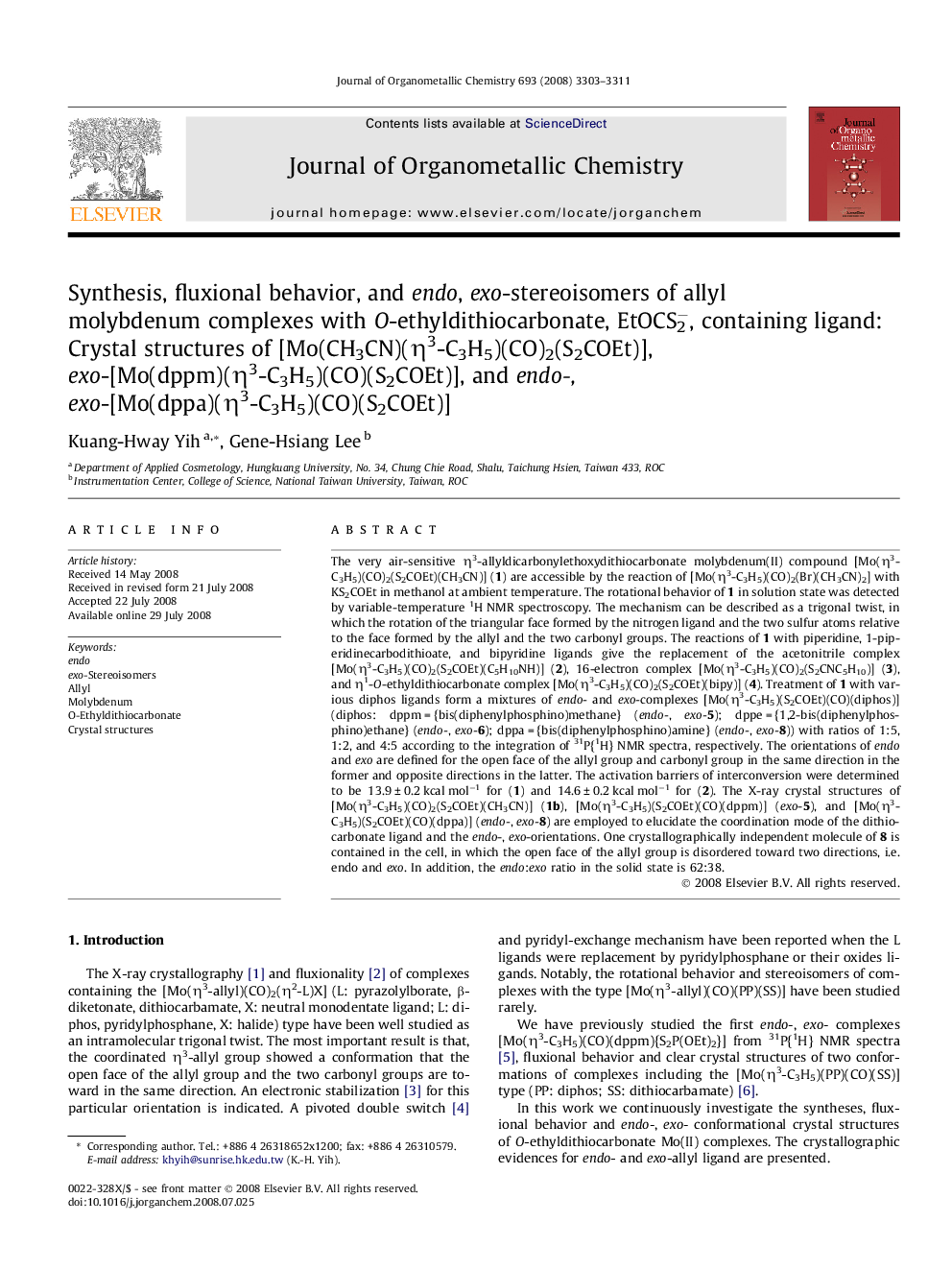 Synthesis, fluxional behavior, and endo, exo-stereoisomers of allyl molybdenum complexes with O-ethyldithiocarbonate, EtOCS−2, containing ligand: Crystal structures of [Mo(CH3CN)(η3-C3H5)(CO)2(S2COEt)], exo-[Mo(dppm)(η3-C3H5)(CO)(S2COEt)], and endo-, exo-