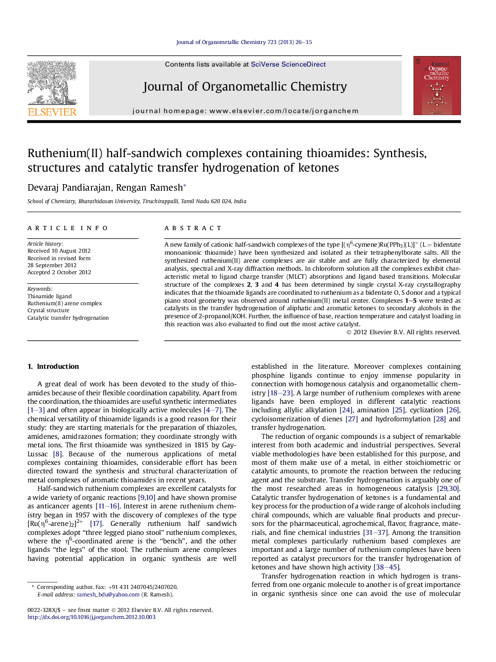 Ruthenium(II) half-sandwich complexes containing thioamides: Synthesis, structures and catalytic transfer hydrogenation of ketones