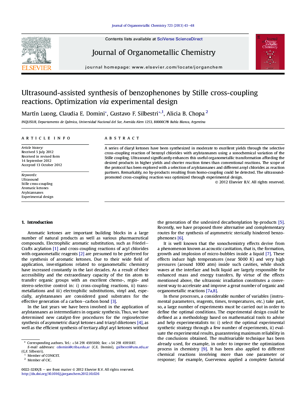 Ultrasound-assisted synthesis of benzophenones by Stille cross-coupling reactions. Optimization via experimental design