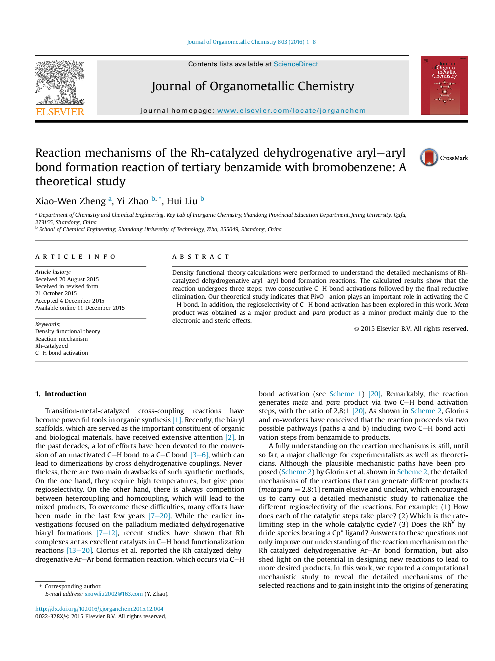 Reaction mechanisms of the Rh-catalyzed dehydrogenative aryl–aryl bond formation reaction of tertiary benzamide with bromobenzene: A theoretical study