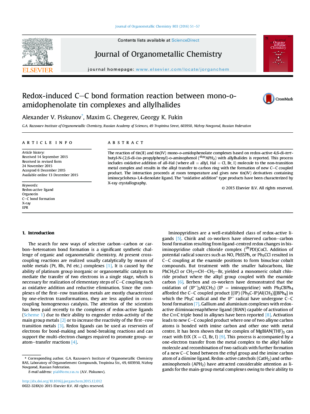 Redox-induced C–C bond formation reaction between mono-o-amidophenolate tin complexes and allylhalides