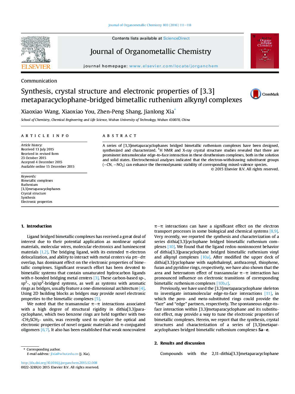 Synthesis, crystal structure and electronic properties of [3.3]metaparacyclophane-bridged bimetallic ruthenium alkynyl complexes