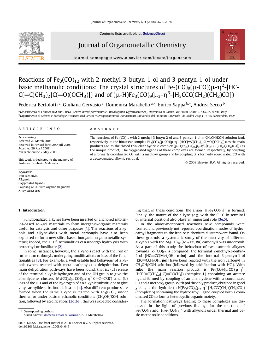 Reactions of Fe3(CO)12 with 2-methyl-3-butyn-1-ol and 3-pentyn-1-ol under basic methanolic conditions: The crystal structures of Fe2(CO)6(μ-CO)(μ-η2-[HCC{C(CH3)2}C(O)(OCH3)]) and of (μ-H)Fe3(CO)9(μ3-η3-[H3CCC(CH2)(CH2)CO])