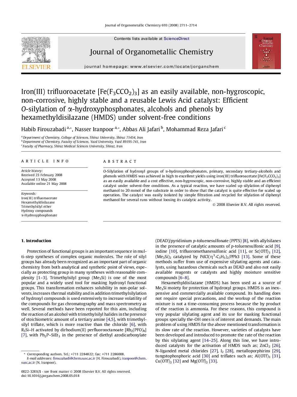 Iron(III) trifluoroacetate [Fe(F3CCO2)3] as an easily available, non-hygroscopic, non-corrosive, highly stable and a reusable Lewis Acid catalyst: Efficient O-silylation of α-hydroxyphosphonates, alcohols and phenols by hexamethyldisilazane (HMDS) under s