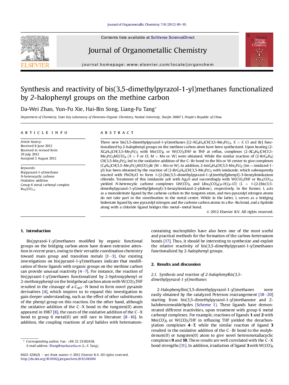 Synthesis and reactivity of bis(3,5-dimethylpyrazol-1-yl)methanes functionalized by 2-halophenyl groups on the methine carbon