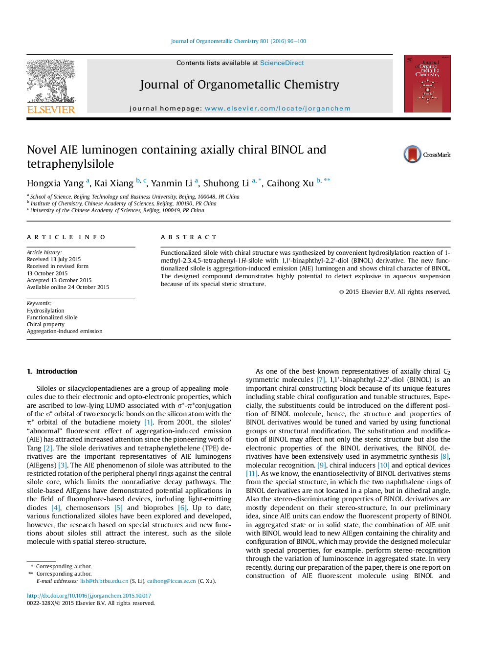 عکس صفحه اول مقاله: Novel AIE luminogen containing axially chiral BINOL and tetraphenylsilole Novel AIE luminogen containing axially chiral BINOL and tetraphenylsilole