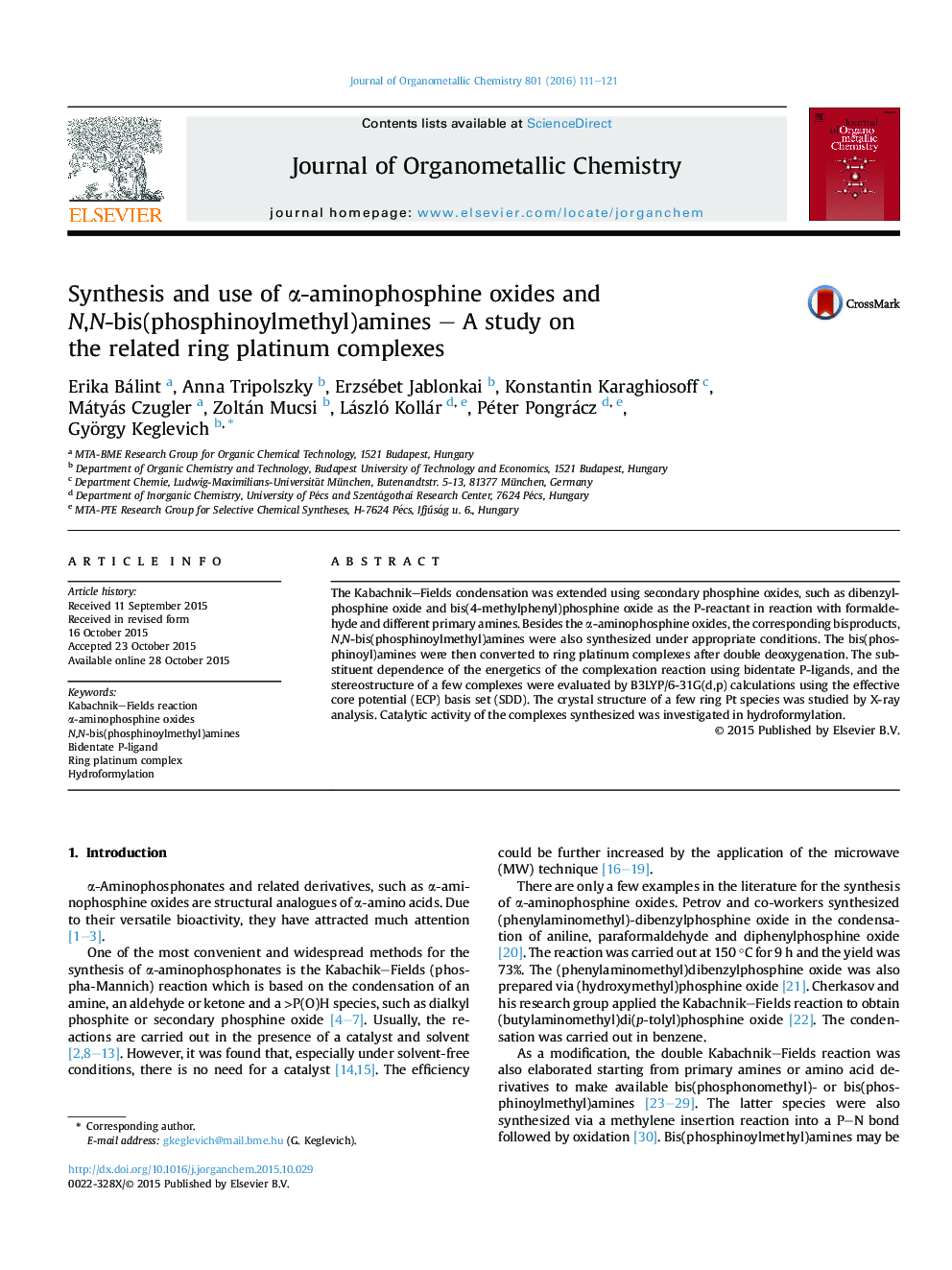 عکس صفحه اول مقاله: Synthesis and use of α-aminophosphine oxides and N,N-bis(phosphinoylmethyl)amines – A study on the related ring platinum complexes Synthesis and use of α-aminophosphine oxides and N,N-bis(phosphinoylmethyl)amines – A study on the related ring platinum complexes