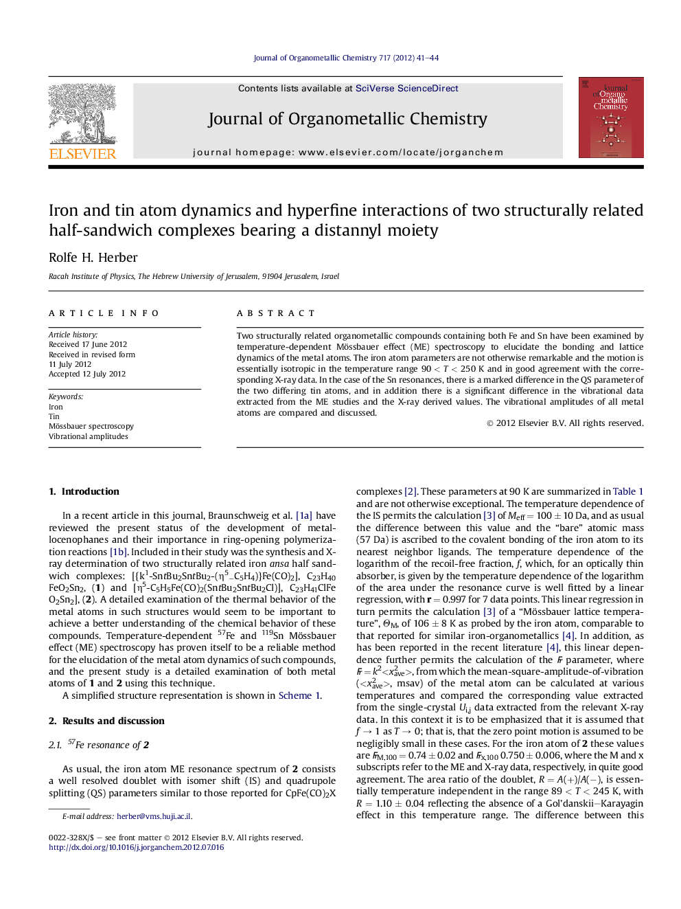 عکس صفحه اول مقاله: Iron and tin atom dynamics and hyperfine interactions of two structurally related half-sandwich complexes bearing a distannyl moiety Iron and tin atom dynamics and hyperfine interactions of two structurally related half-sandwich complexes bearing a distannyl moiety