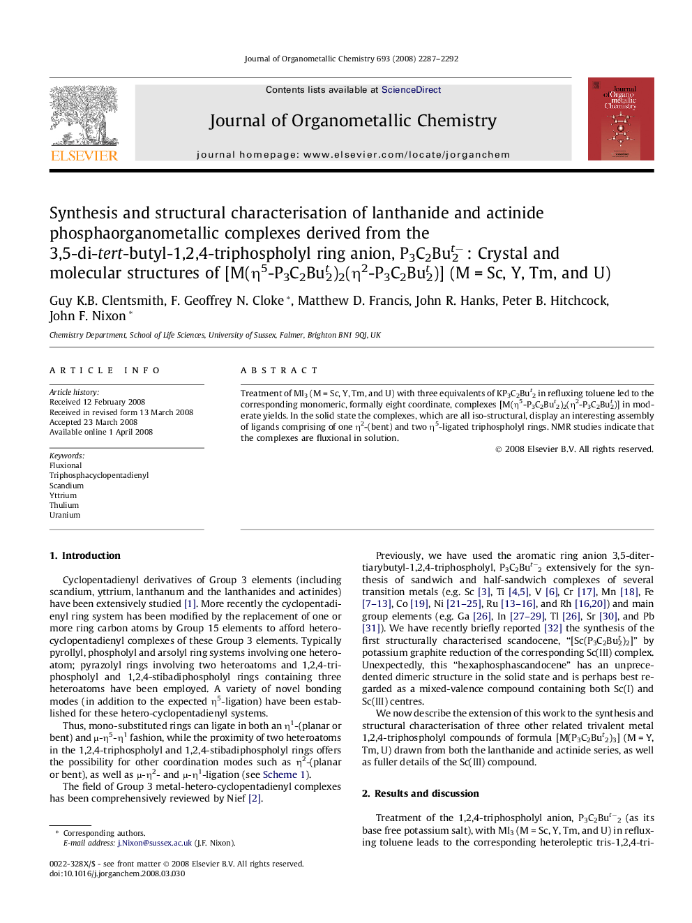 Synthesis and structural characterisation of lanthanide and actinide phosphaorganometallic complexes derived from the 3,5-di-tert-butyl-1,2,4-triphospholyl ring anion, P3C2But−2: Crystal and molecular structures of [M(η5-P3C2But2)2(η2-P3C2But2)] (M = Sc, 