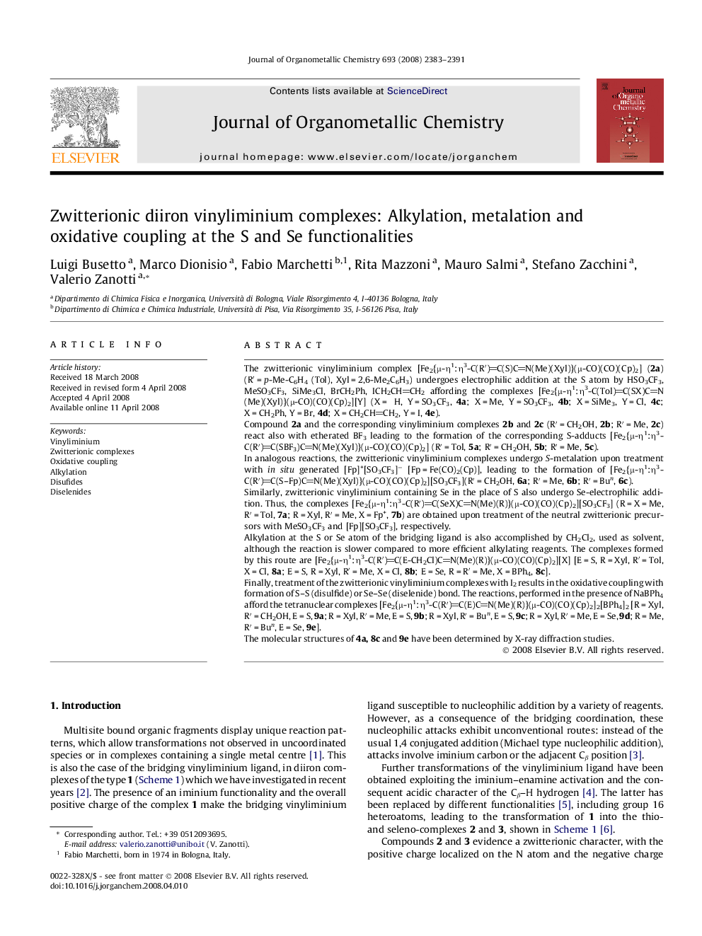 Zwitterionic diiron vinyliminium complexes: Alkylation, metalation and oxidative coupling at the S and Se functionalities