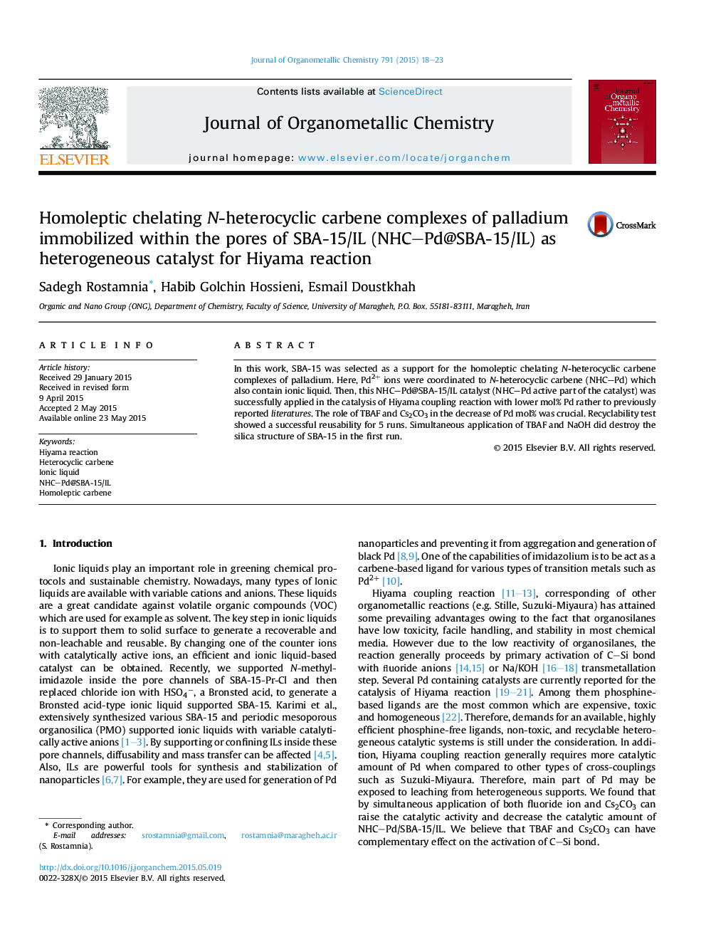 Homoleptic chelating N-heterocyclic carbene complexes of palladium immobilized within the pores of SBA-15/IL (NHC–Pd@SBA-15/IL) as heterogeneous catalyst for Hiyama reaction