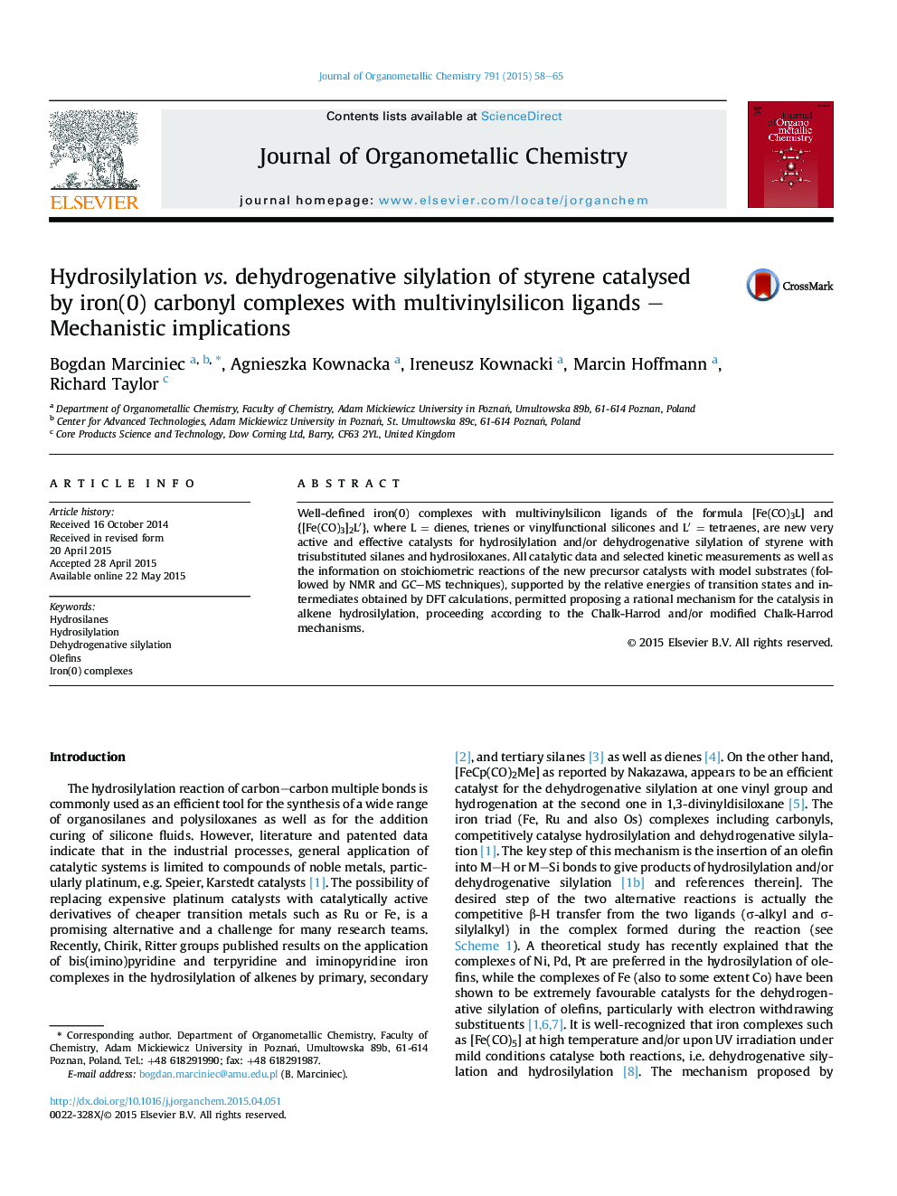 عکس صفحه اول مقاله: Hydrosilylation vs. dehydrogenative silylation of styrene catalysed by iron(0) carbonyl complexes with multivinylsilicon ligands – Mechanistic implications Hydrosilylation vs. dehydrogenative silylation of styrene catalysed by iron(0) carbonyl complexes with multivinylsilicon ligands – Mechanistic implications