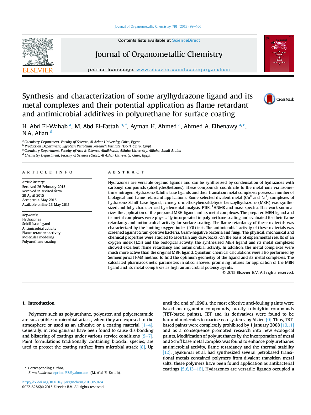 Synthesis and characterization of some arylhydrazone ligand and its metal complexes and their potential application as flame retardant and antimicrobial additives in polyurethane for surface coating