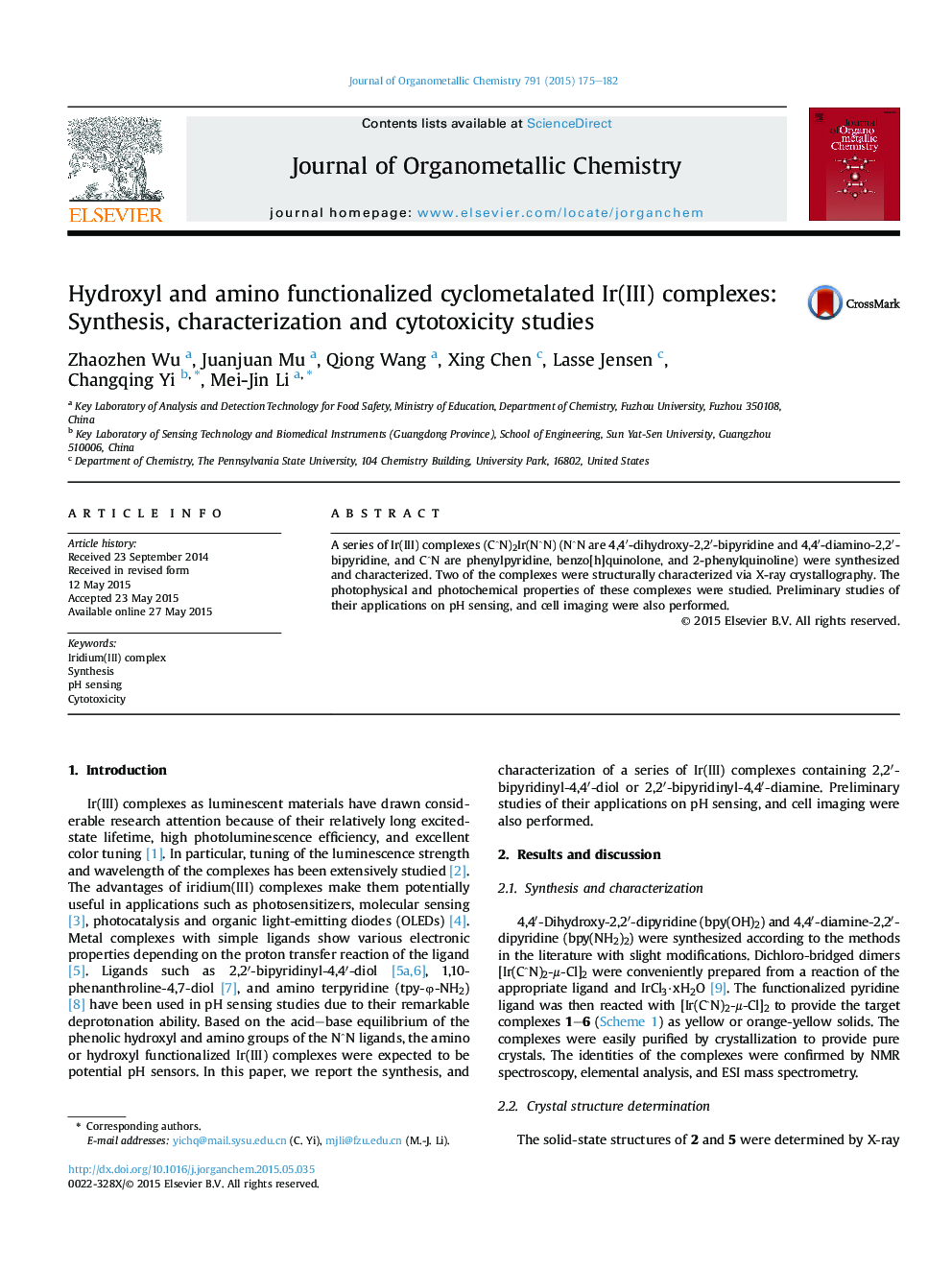 Hydroxyl and amino functionalized cyclometalated Ir(III) complexes: Synthesis, characterization and cytotoxicity studies