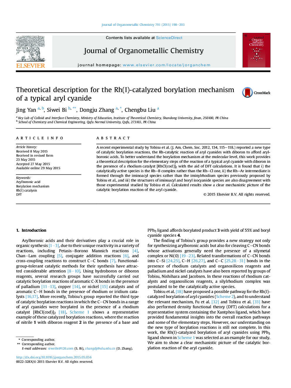 Theoretical description for the Rh(I)-catalyzed borylation mechanism of a typical aryl cyanide