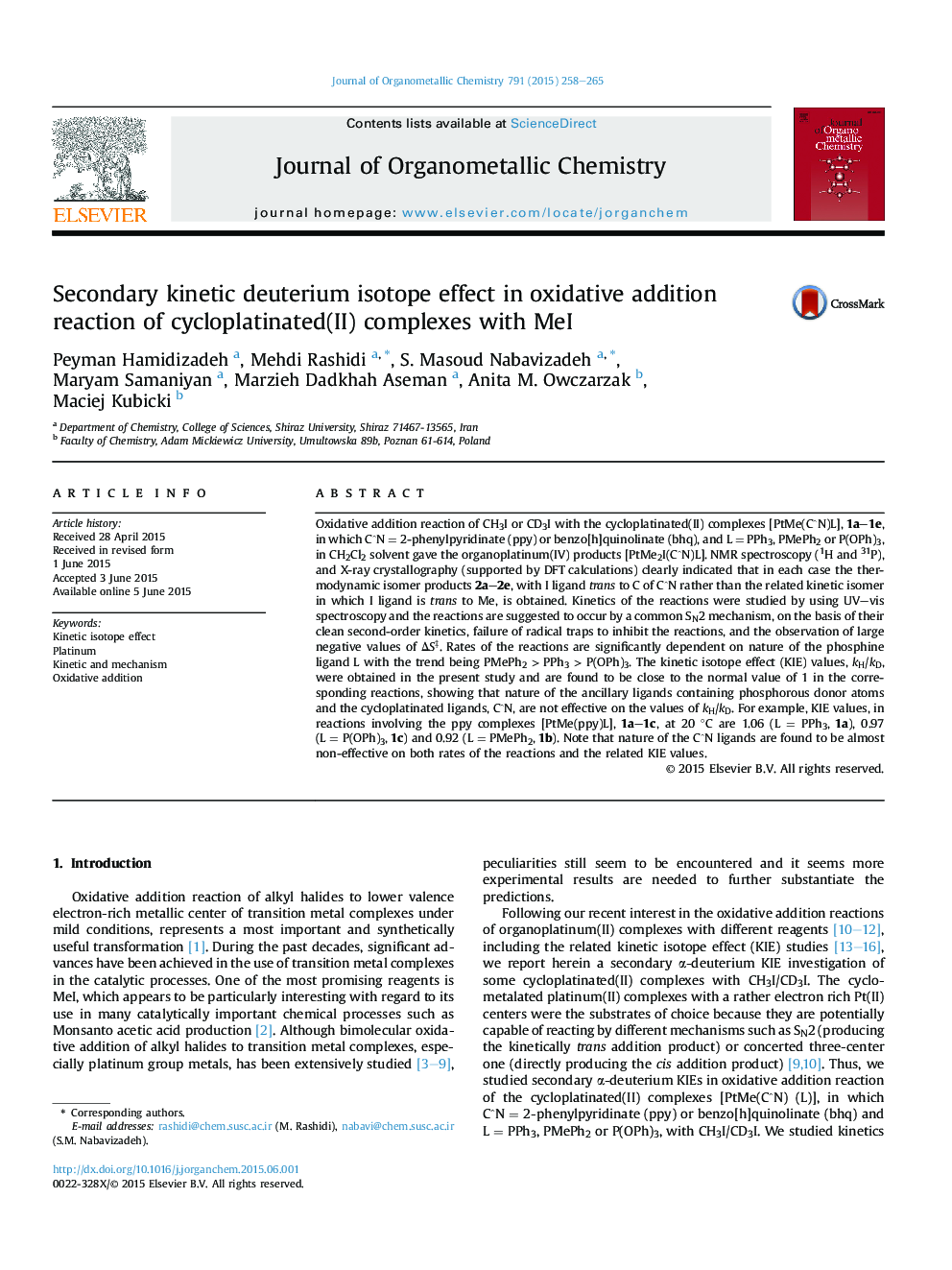 Secondary kinetic deuterium isotope effect in oxidative addition reaction of cycloplatinated(II) complexes with MeI