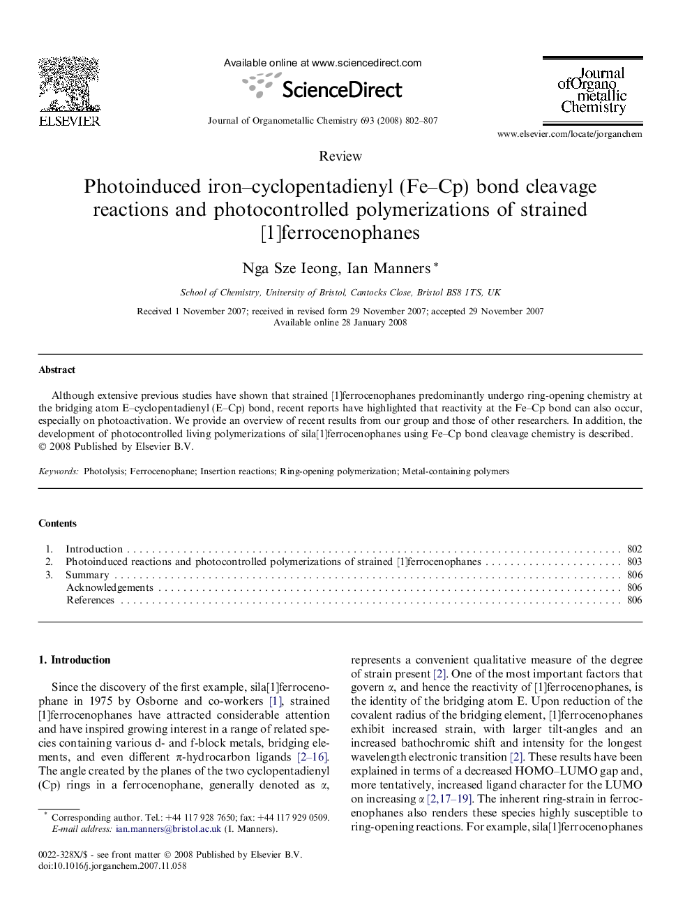 Photoinduced iron–cyclopentadienyl (Fe–Cp) bond cleavage reactions and photocontrolled polymerizations of strained [1]ferrocenophanes