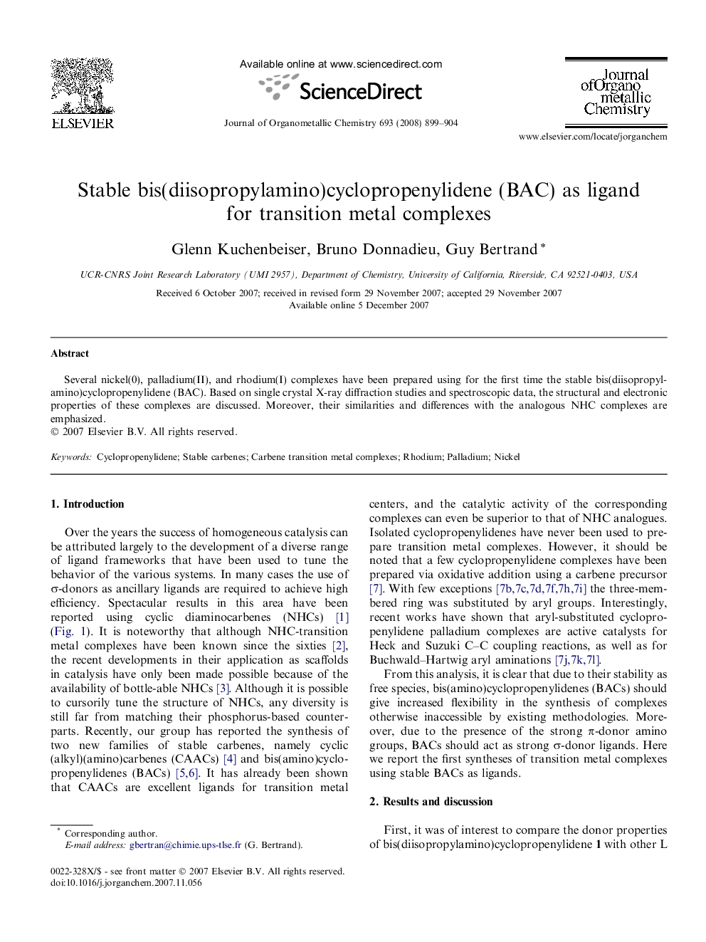 Stable bis(diisopropylamino)cyclopropenylidene (BAC) as ligand for transition metal complexes