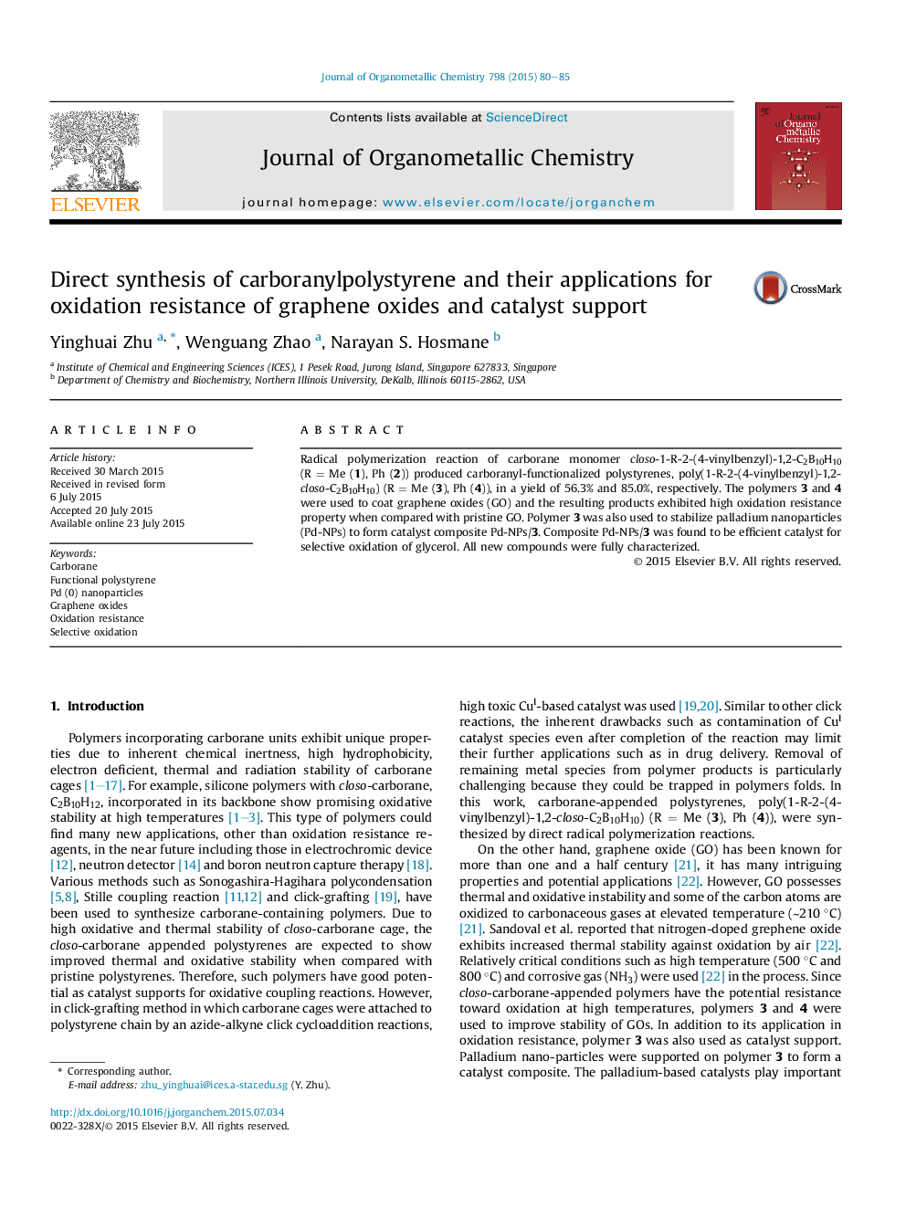 Direct synthesis of carboranylpolystyrene and their applications for oxidation resistance of graphene oxides and catalyst support