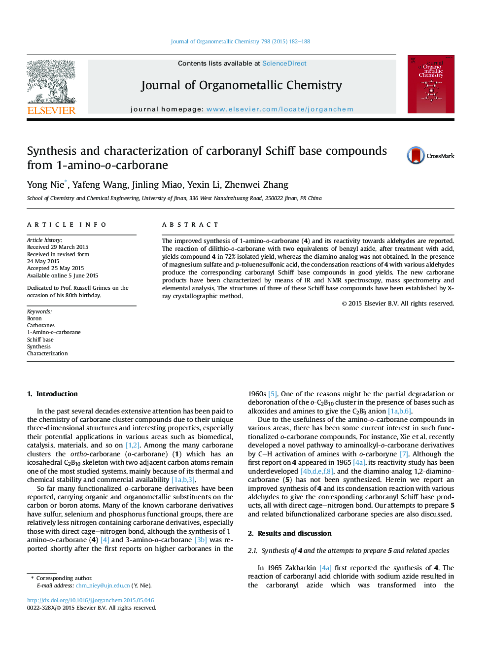 Synthesis and characterization of carboranyl Schiff base compounds from 1-amino-o-carborane