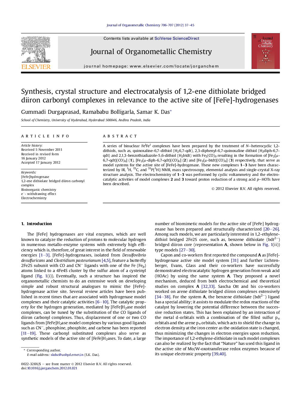 Synthesis, crystal structure and electrocatalysis of 1,2-ene dithiolate bridged diiron carbonyl complexes in relevance to the active site of [FeFe]-hydrogenases