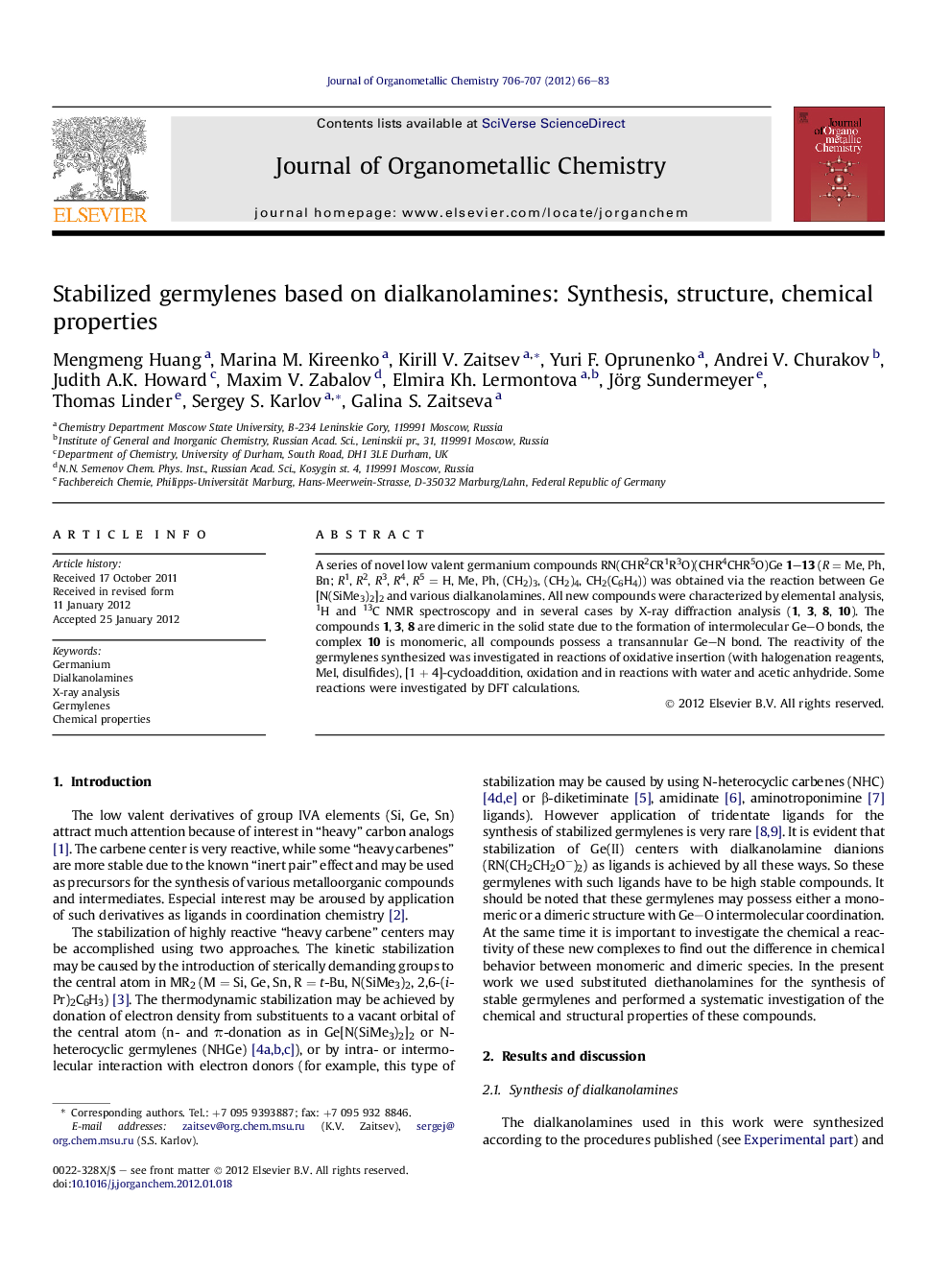 Stabilized germylenes based on dialkanolamines: Synthesis, structure, chemical properties