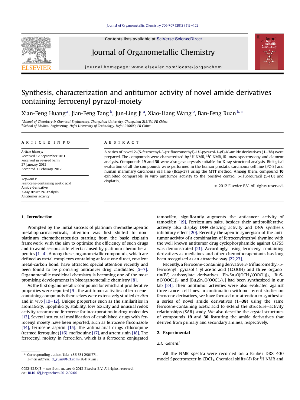 Synthesis, characterization and antitumor activity of novel amide derivatives containing ferrocenyl pyrazol-moiety