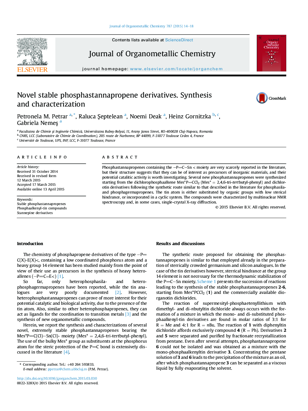 Novel stable phosphastannapropene derivatives. Synthesis and characterization