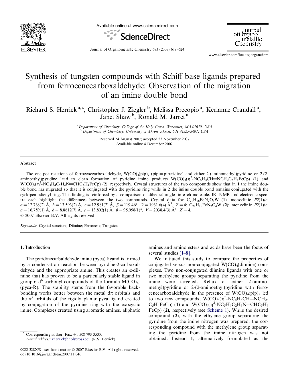 Synthesis of tungsten compounds with Schiff base ligands prepared from ferrocenecarboxaldehyde: Observation of the migration of an imine double bond