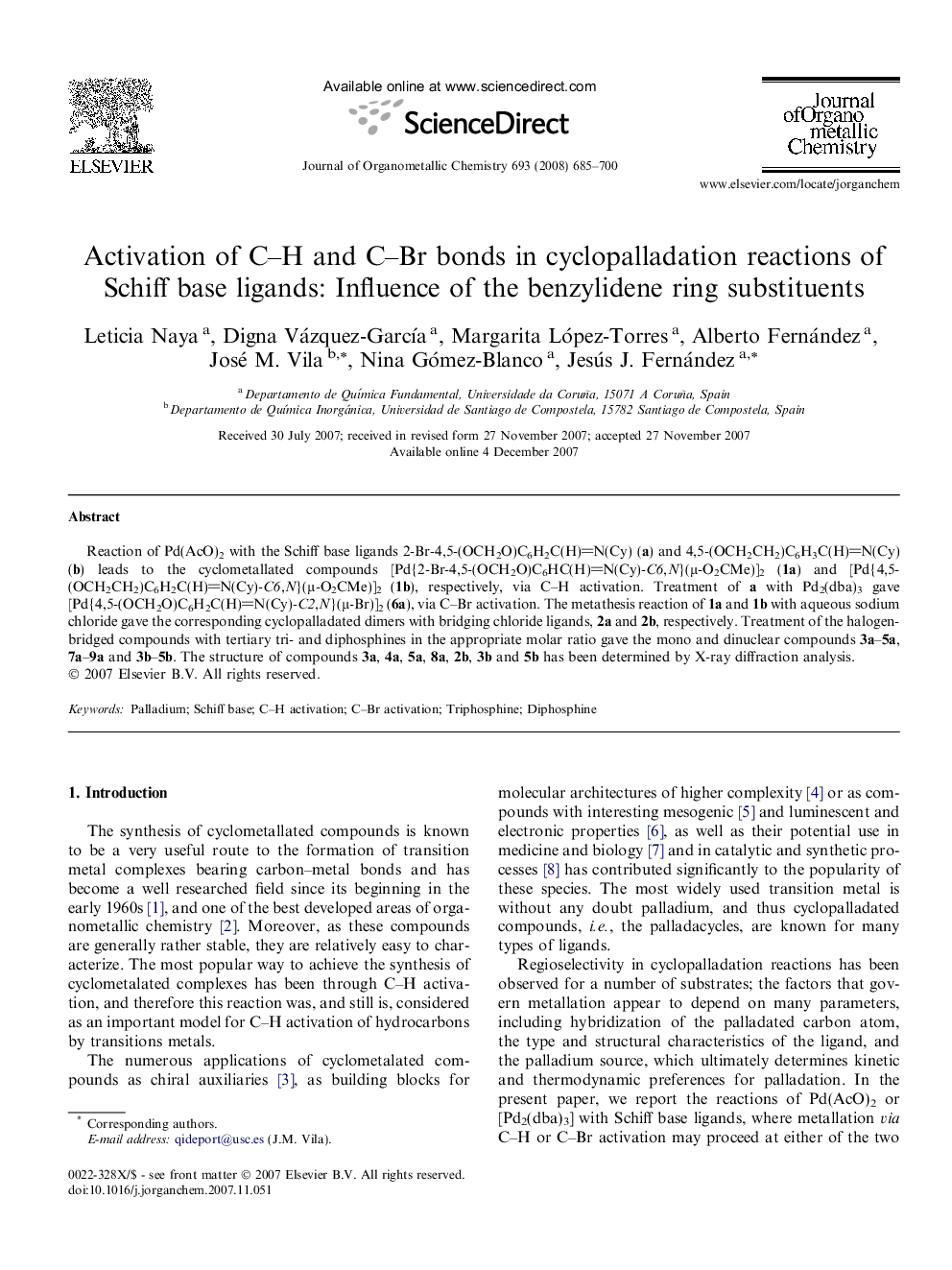 Activation of C–H and C–Br bonds in cyclopalladation reactions of Schiff base ligands: Influence of the benzylidene ring substituents