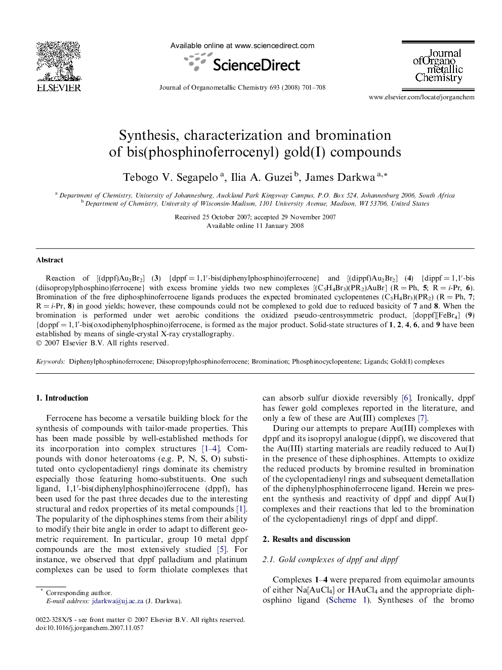 Synthesis, characterization and bromination of bis(phosphinoferrocenyl) gold(I) compounds