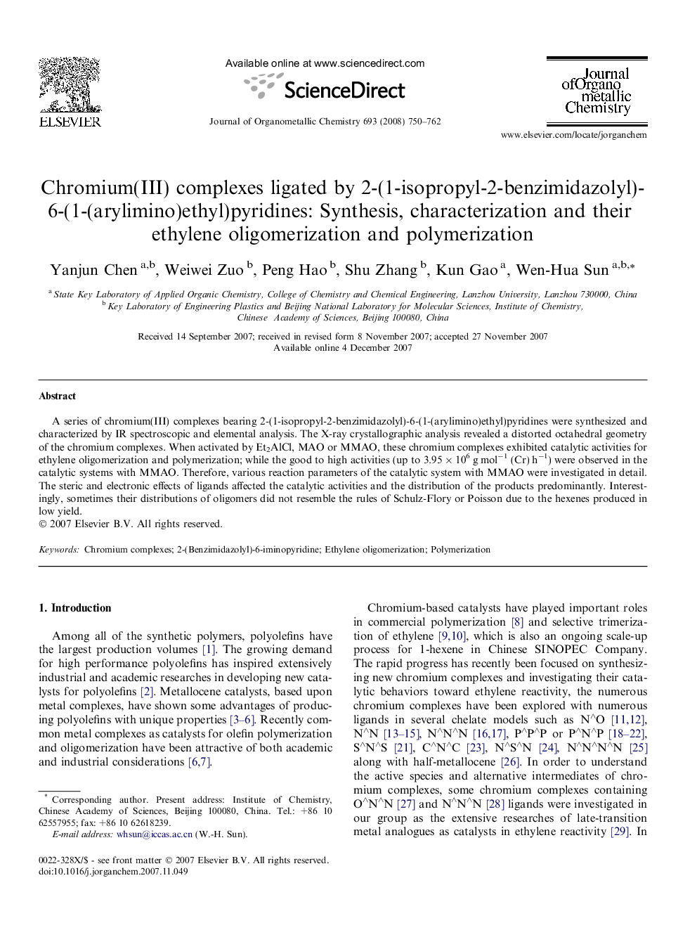 Chromium(III) complexes ligated by 2-(1-isopropyl-2-benzimidazolyl)-6-(1-(arylimino)ethyl)pyridines: Synthesis, characterization and their ethylene oligomerization and polymerization