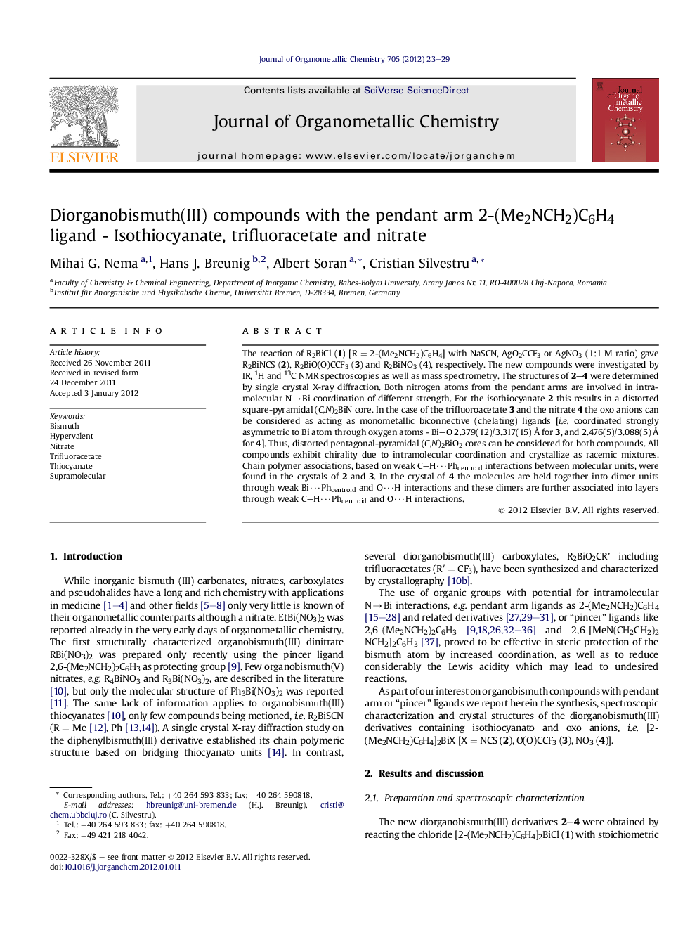 Diorganobismuth(III) compounds with the pendant arm 2-(Me2NCH2)C6H4 ligand - Isothiocyanate, trifluoracetate and nitrate