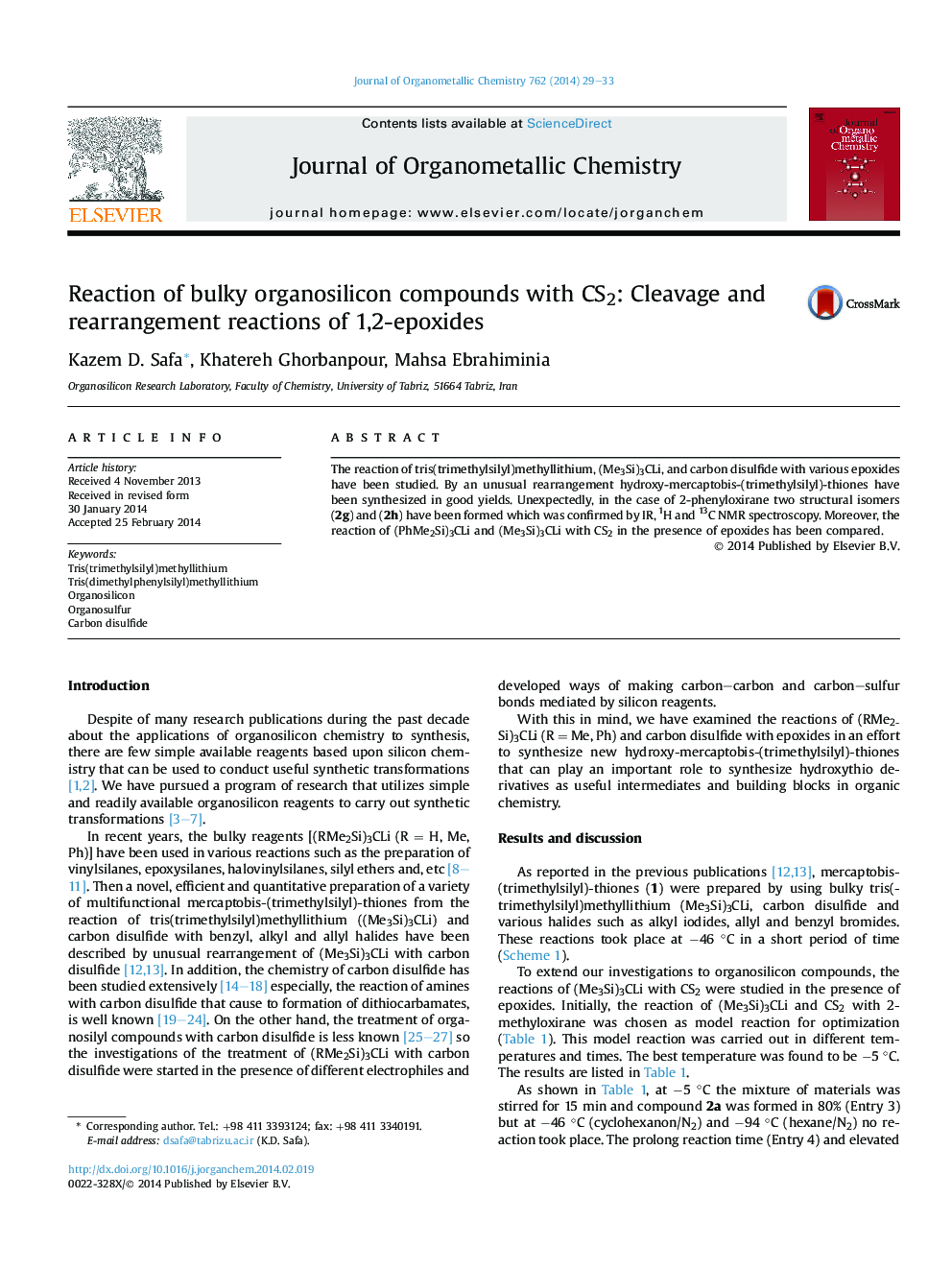 Reaction of bulky organosilicon compounds with CS2: Cleavage and rearrangement reactions of 1,2-epoxides