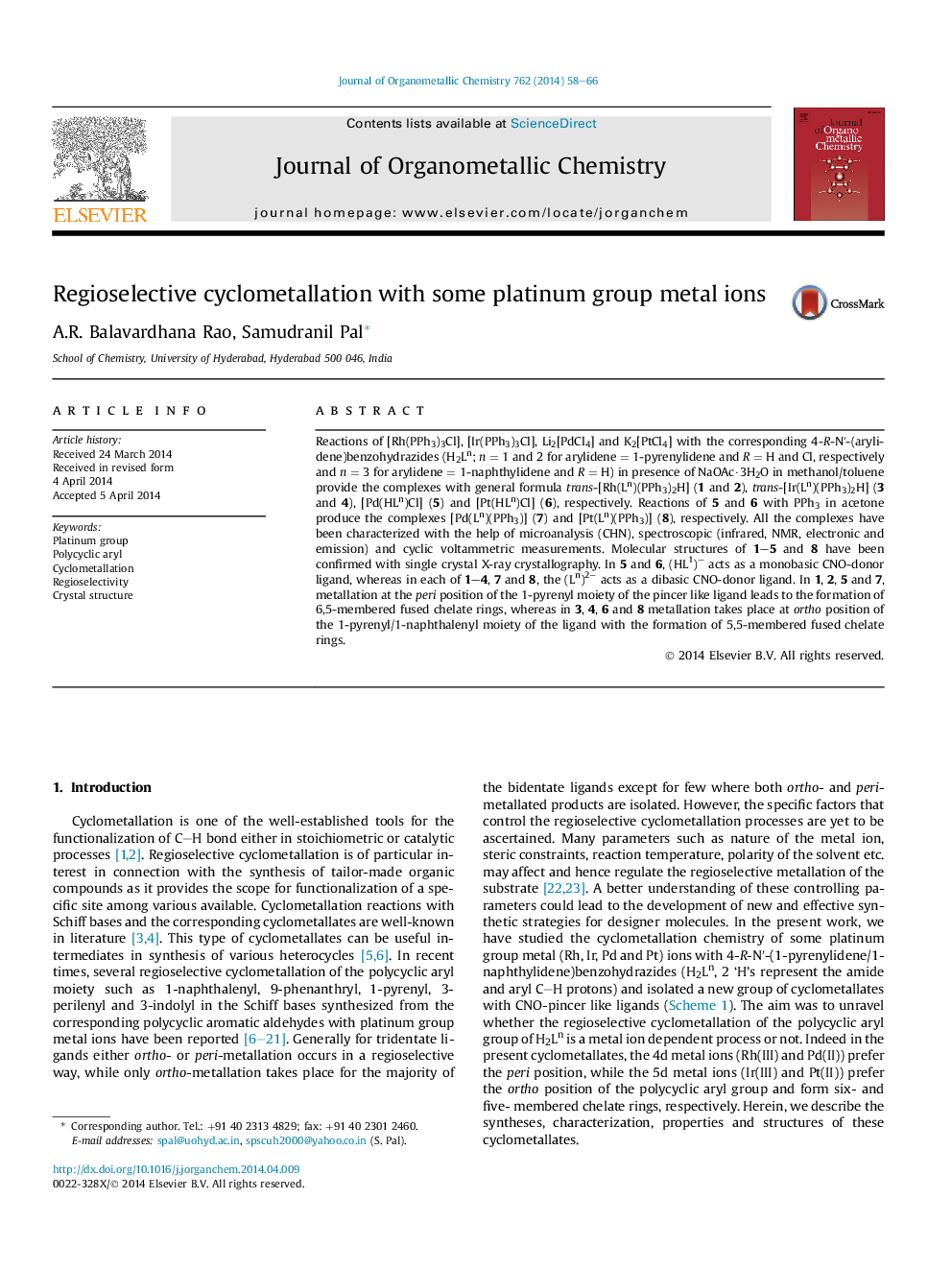 Regioselective cyclometallation with some platinum group metal ions