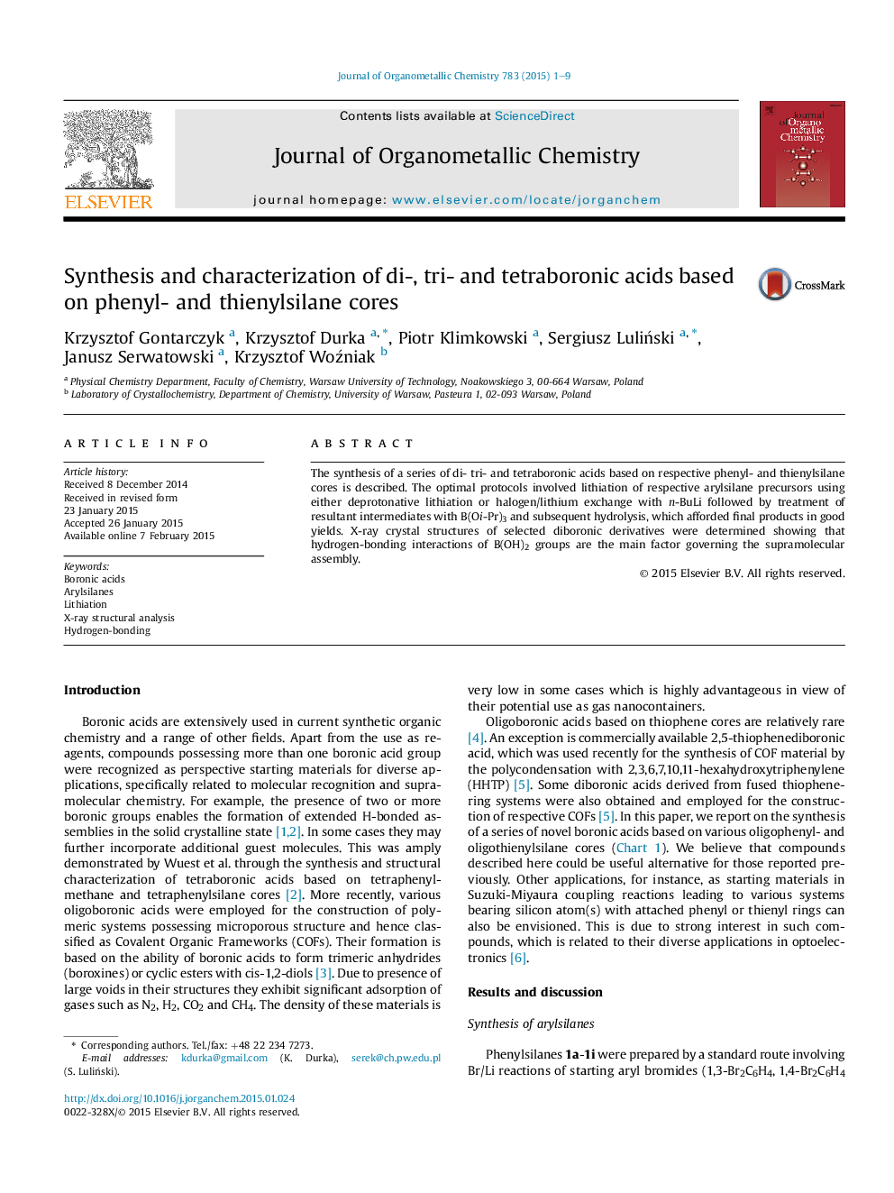 Synthesis and characterization of di-, tri- and tetraboronic acids based on phenyl- and thienylsilane cores