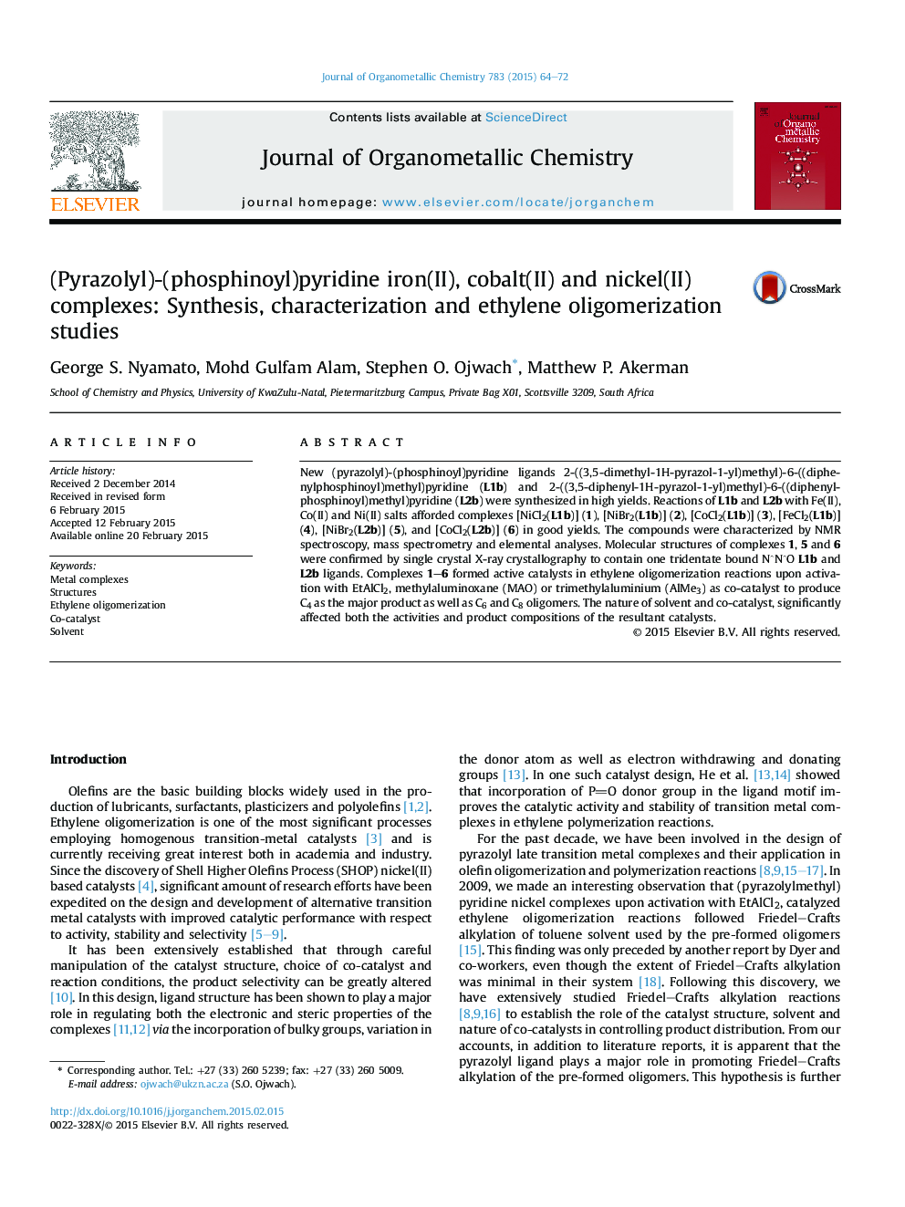 (Pyrazolyl)-(phosphinoyl)pyridine iron(II), cobalt(II) and nickel(II) complexes: Synthesis, characterization and ethylene oligomerization studies