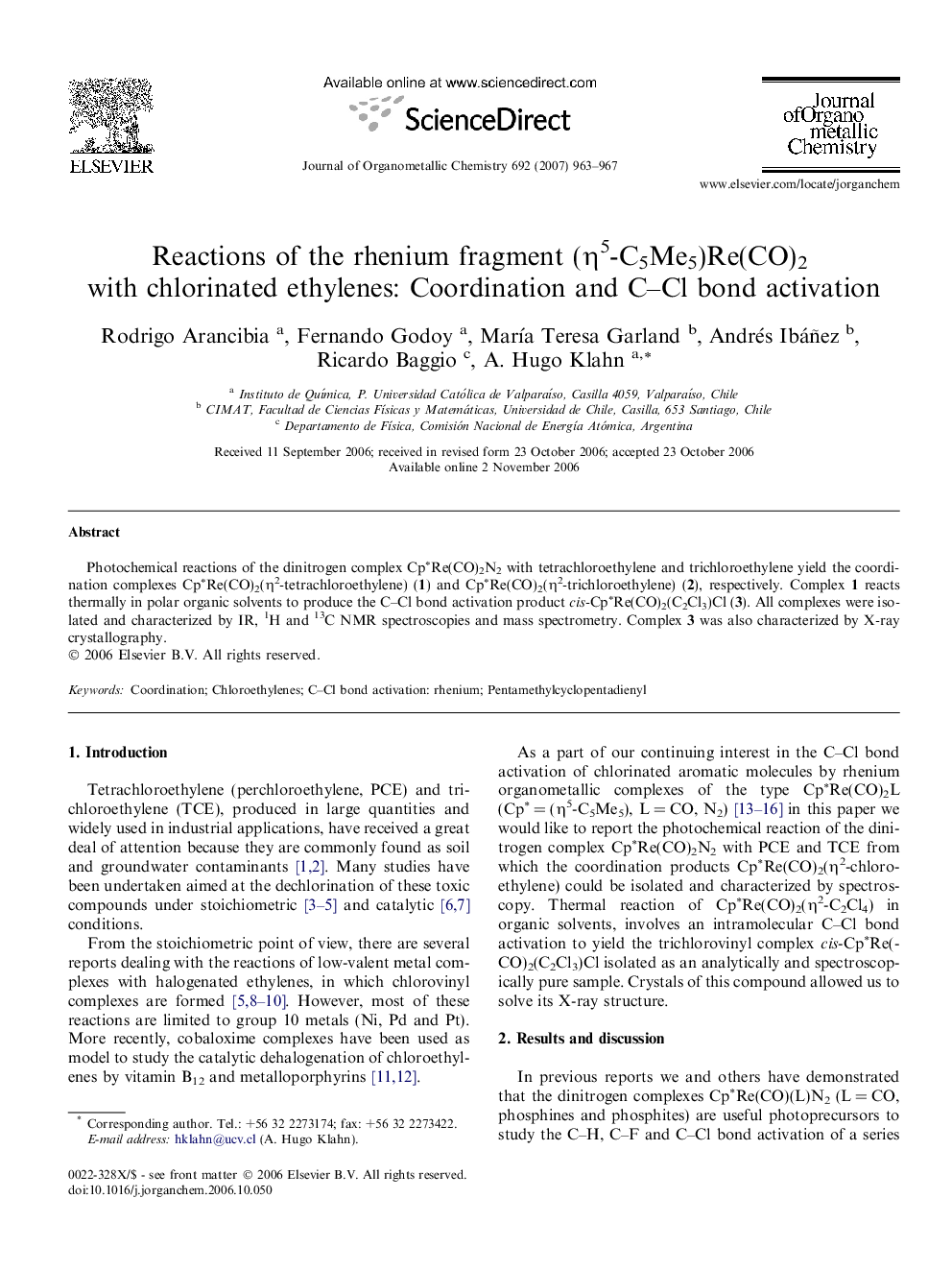 Reactions of the rhenium fragment (η5-C5Me5)Re(CO)2 with chlorinated ethylenes: Coordination and C–Cl bond activation