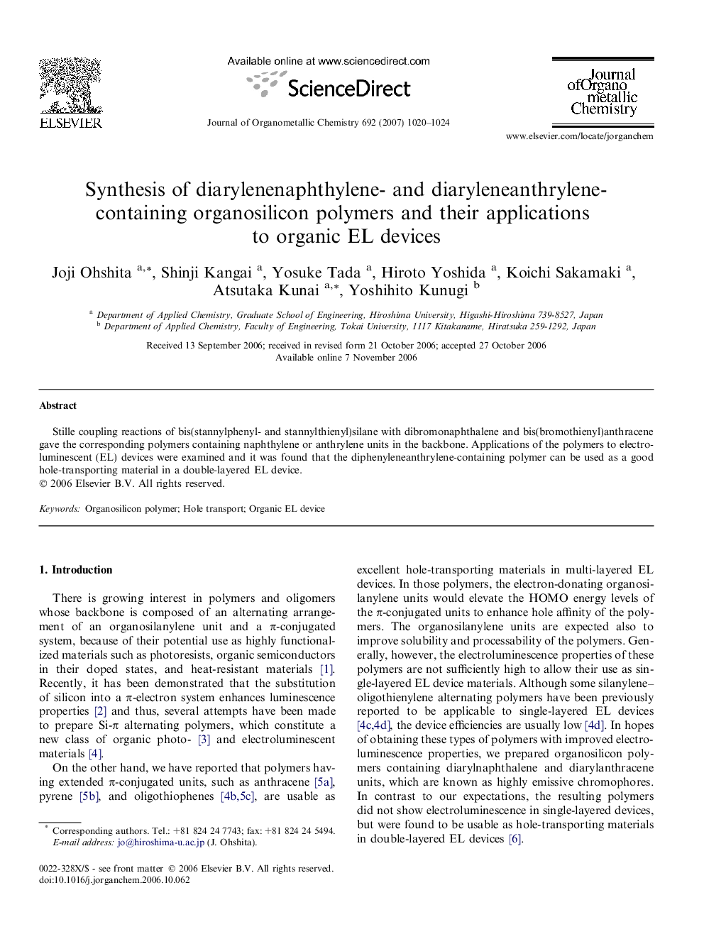 Synthesis of diarylenenaphthylene- and diaryleneanthrylene-containing organosilicon polymers and their applications to organic EL devices