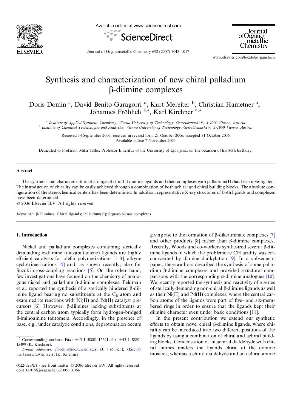 Synthesis and characterization of new chiral palladium β-diimine complexes