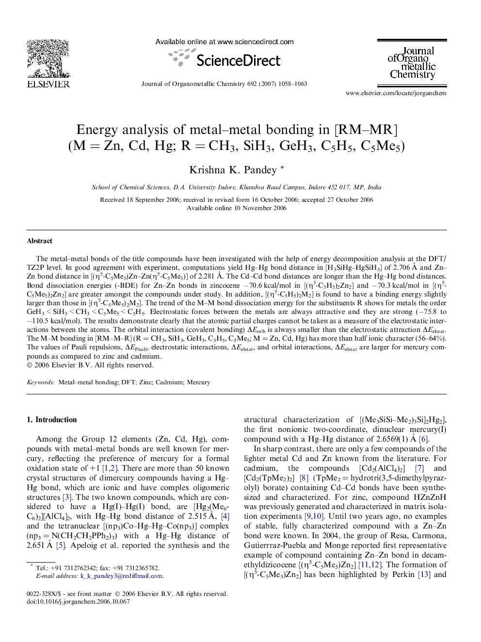 Energy analysis of metal–metal bonding in [RM–MR] (M = Zn, Cd, Hg; R = CH3, SiH3, GeH3, C5H5, C5Me5)