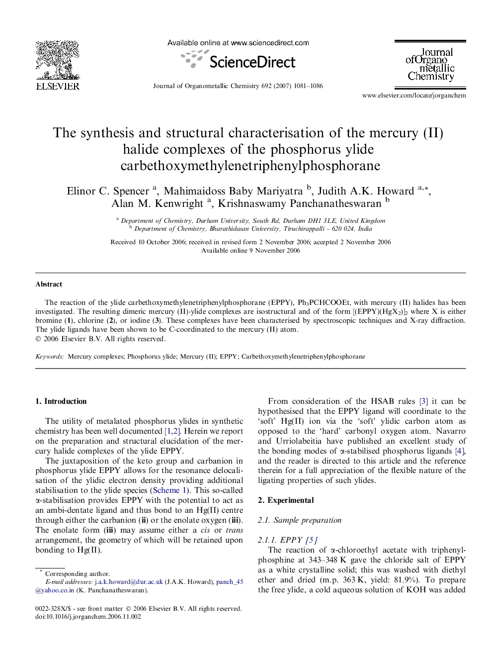 The synthesis and structural characterisation of the mercury (II) halide complexes of the phosphorus ylide carbethoxymethylenetriphenylphosphorane