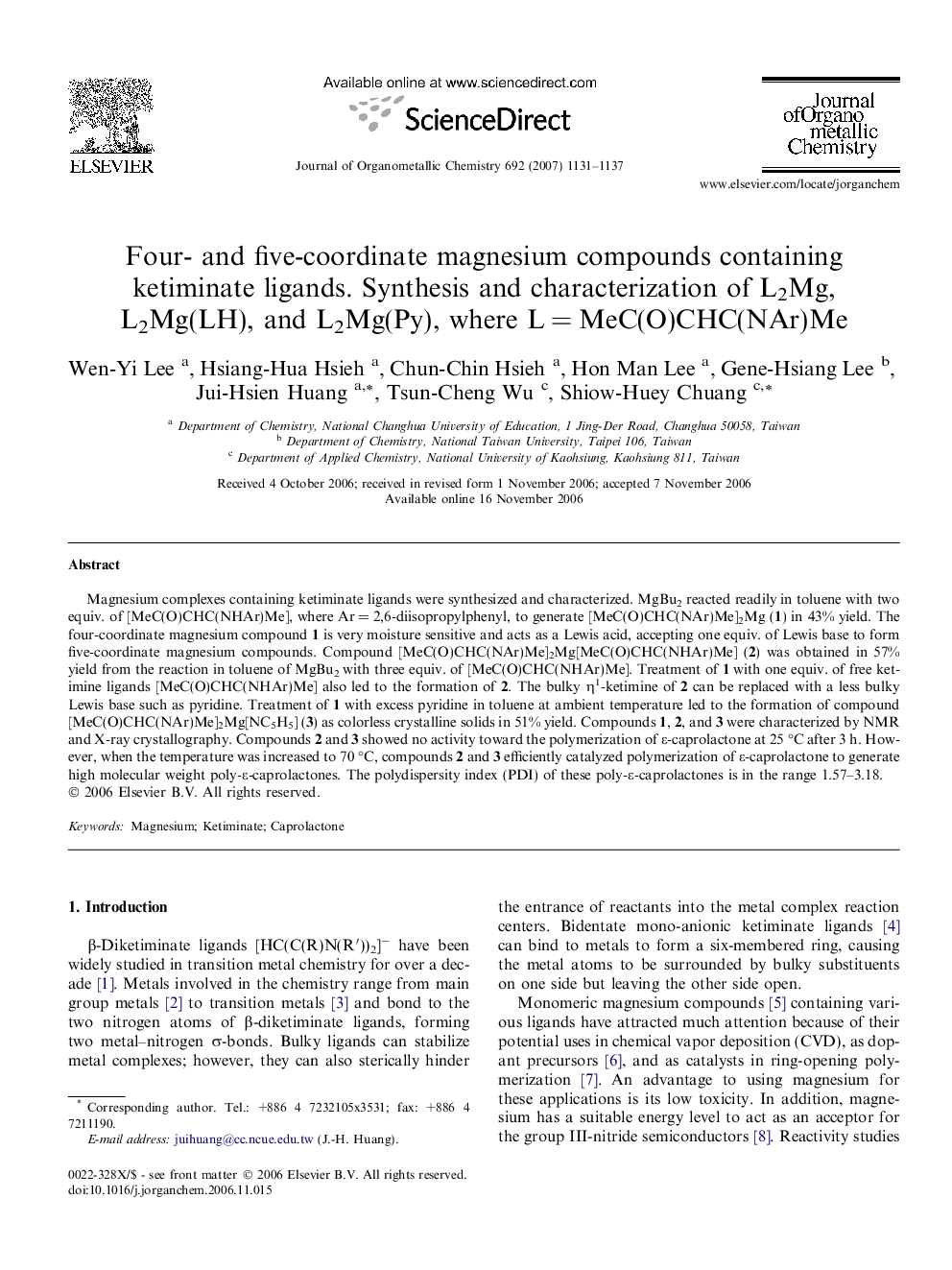 Four- and five-coordinate magnesium compounds containing ketiminate ligands. Synthesis and characterization of L2Mg, L2Mg(LH), and L2Mg(Py), where L = MeC(O)CHC(NAr)Me
