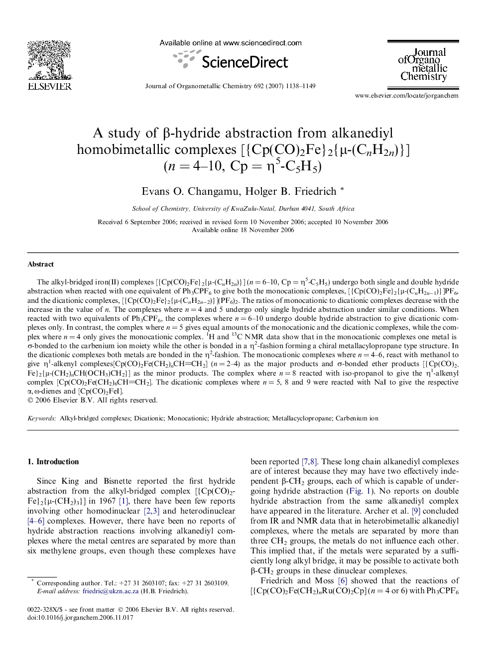 A study of β-hydride abstraction from alkanediyl homobimetallic complexes [{Cp(CO)2Fe}2{μ-(CnH2n)}] (n = 4–10, Cp = η5-C5H5)