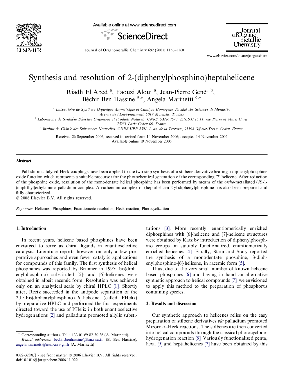 Synthesis and resolution of 2-(diphenylphosphino)heptahelicene