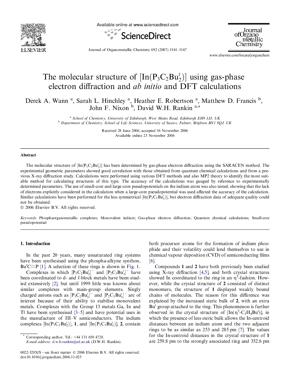 The molecular structure of [In(P3C2Bu2t)] using gas-phase electron diffraction and ab initio and DFT calculations