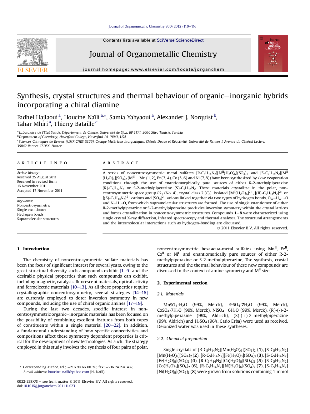 Synthesis, crystal structures and thermal behaviour of organic–inorganic hybrids incorporating a chiral diamine