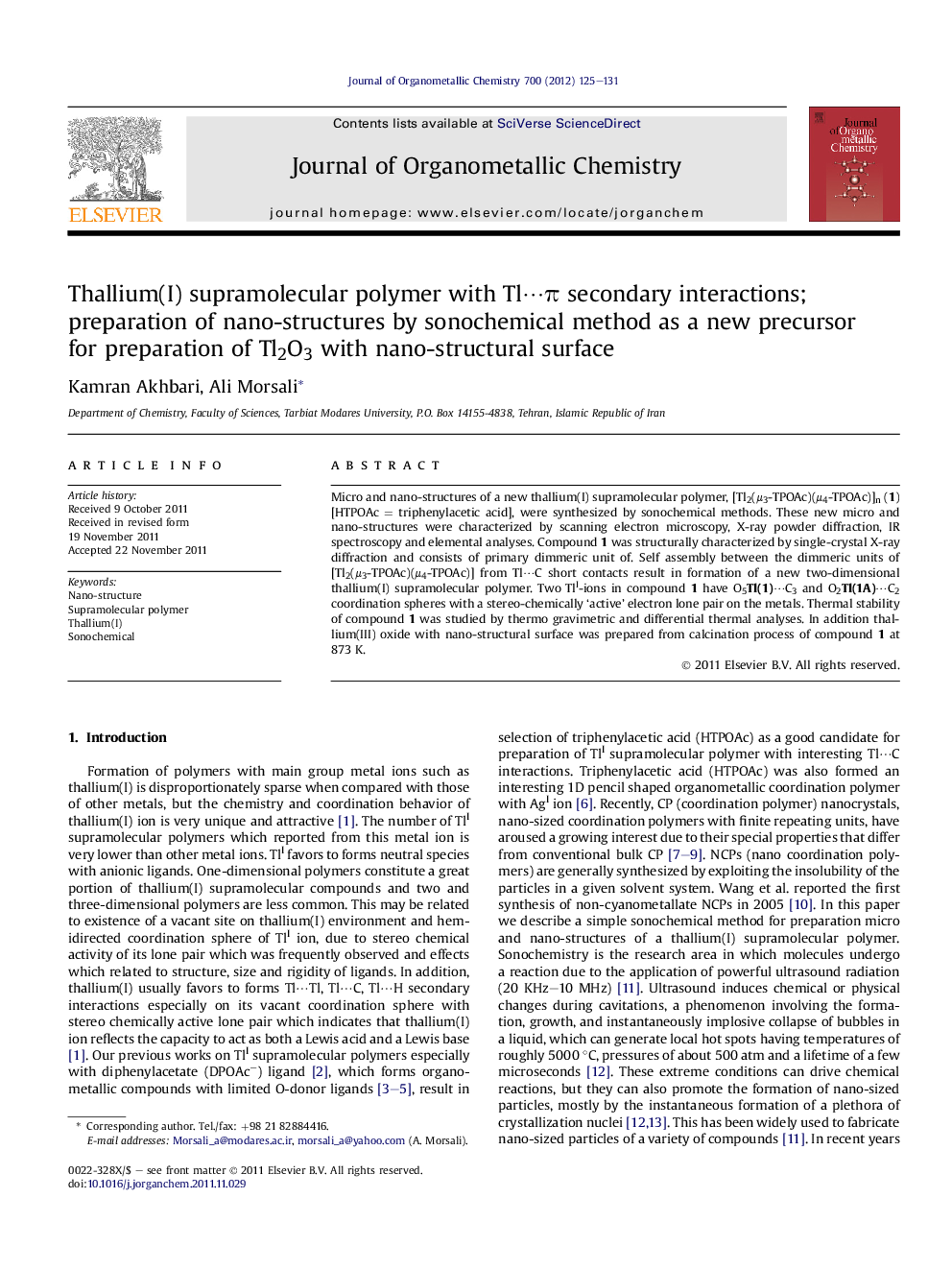 Thallium(I) supramolecular polymer with Tl⋯π secondary interactions; preparation of nano-structures by sonochemical method as a new precursor for preparation of Tl2O3 with nano-structural surface