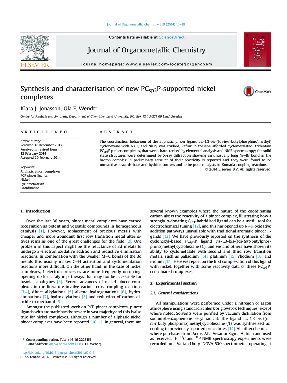 عکس صفحه اول مقاله: Synthesis and characterisation of new PCsp3P-supported nickel complexes Synthesis and characterisation of new PCsp3P-supported nickel complexes