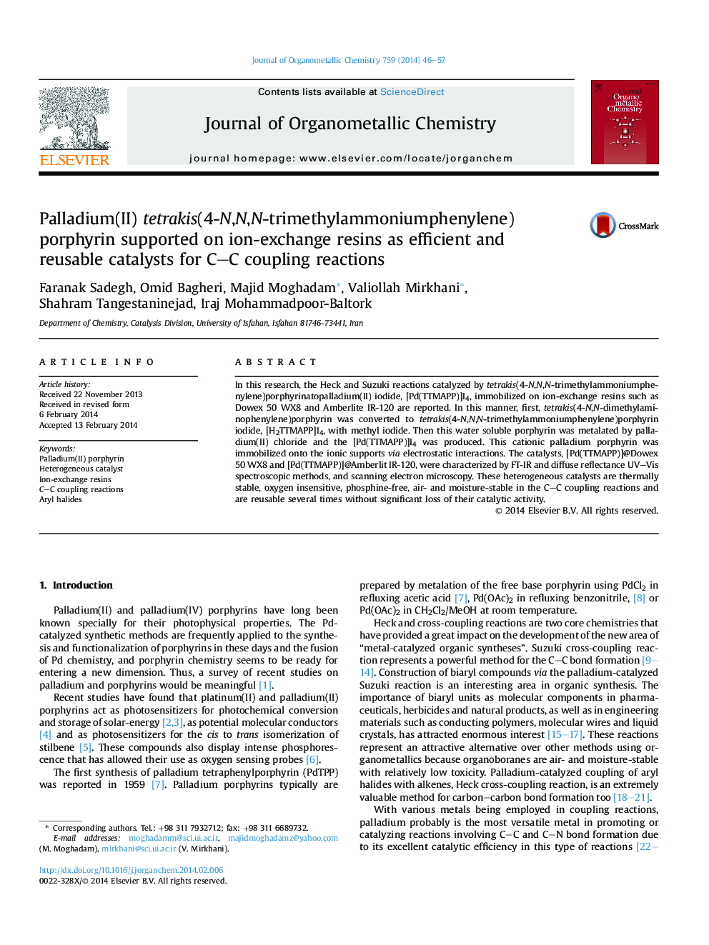 Palladium(II) tetrakis(4-N,N,N-trimethylammoniumphenylene)porphyrin supported on ion-exchange resins as efficient and reusable catalysts for C–C coupling reactions